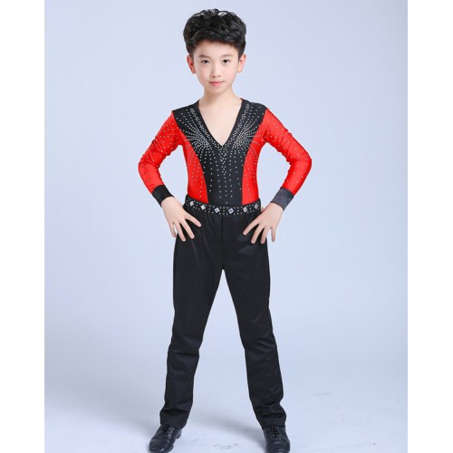 Boys latin ballroom dance tops and pants competition waltz tango salsa stage performance red black diamond shirts and trousers